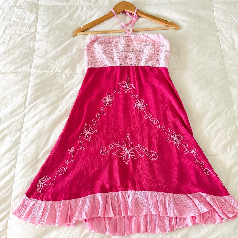 Uluwatu Y2K Pink Halter Embroidered Crochet Boho Dress Small Medium Bali